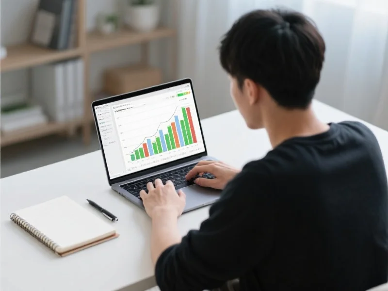 一位亚洲年轻人在笔记本电脑上使用Excel制作走势图，桌面上放着记事本和笔，画面清晰现代