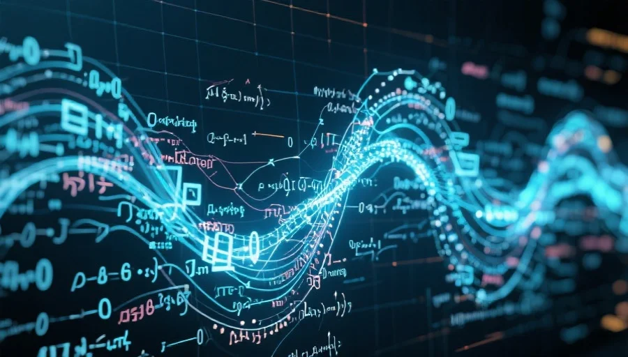 抽象的数据流与算法公式交织在一起，象征着大数据与人工智能算法的协同工作