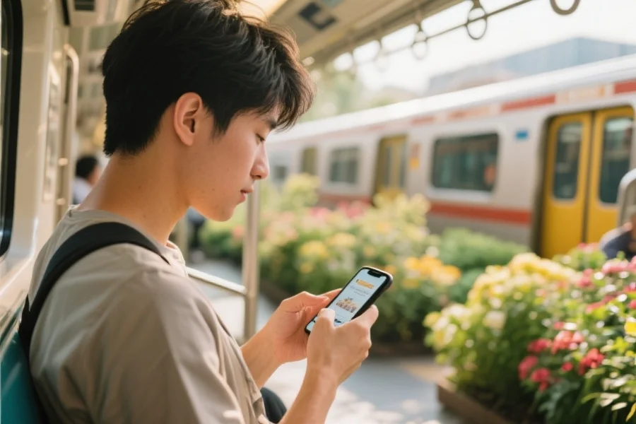 用户在户外花园或地铁车厢中专注使用智能手机应用，画面温暖自然，体现移动生活方式